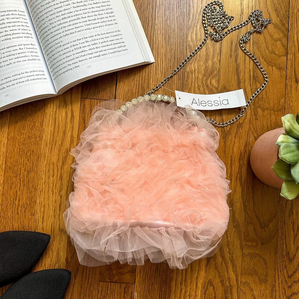 Alessia Pink Tulle Rhinestone Purse with Silver Chain Strap